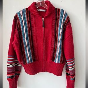 Zara Womens Knitted Sweater Full Zip Up Mock Neck Pinstripe Red